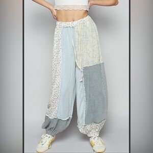 POL Patchwork Pants in Blue and Cream